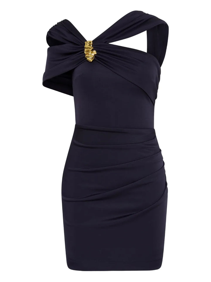 Rebecca Vallance Ayesha Draped Mini Dress — Blue/ Navy/ Gold — Size XS — Front View