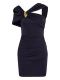 Rebecca Vallance Ayesha Draped Mini Dress — Blue/ Navy/ Gold — Size XS — Front View