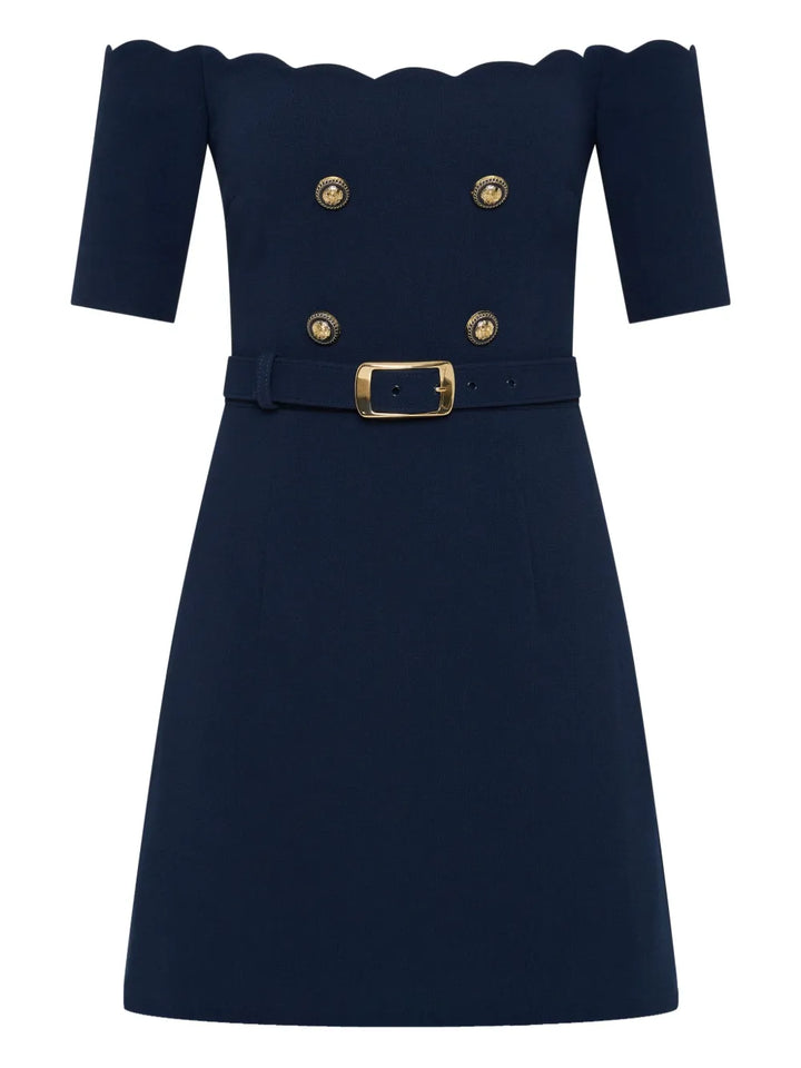 Rebecca Vallance Off Shoulder Belted Dress — Blue/ Navy — Size XS — Front View