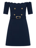 Rebecca Vallance Off Shoulder Belted Dress — Blue/ Navy — Size XS — Front View