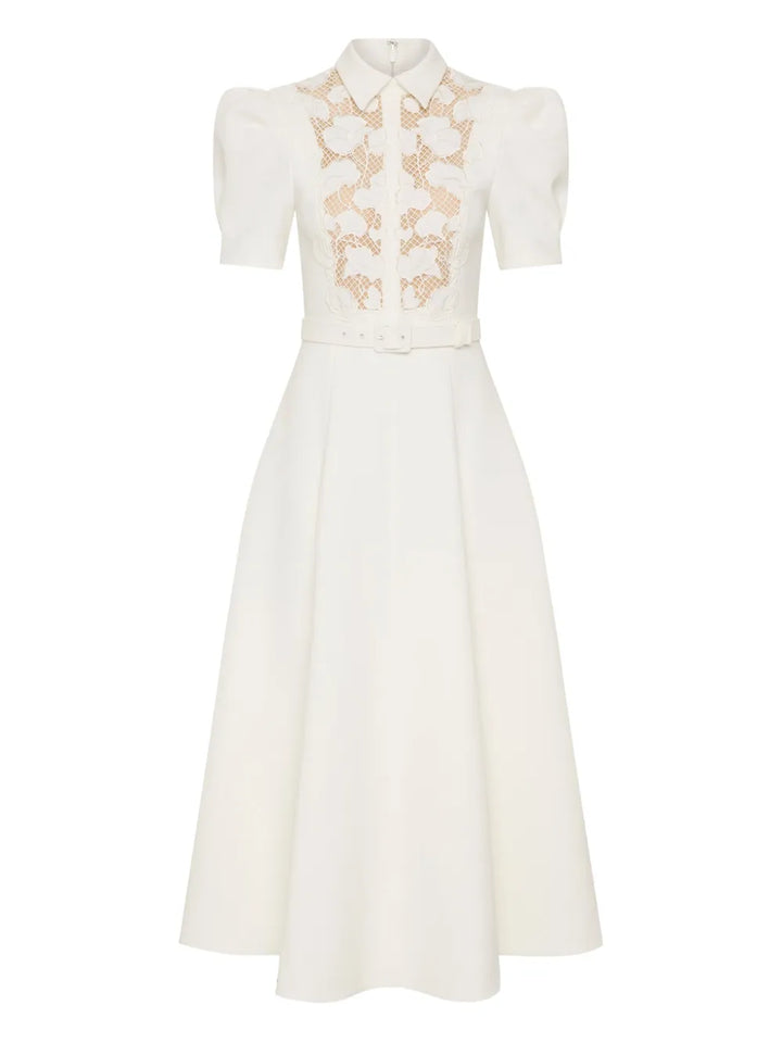 Rebecca Vallance Parrish Lace Belted Short Sleeve Midi Dress — White/ Red — Size XS — Front View