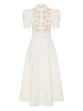 Rebecca Vallance Parrish Lace Belted Short Sleeve Midi Dress — White/ Red — Size XS — Front View