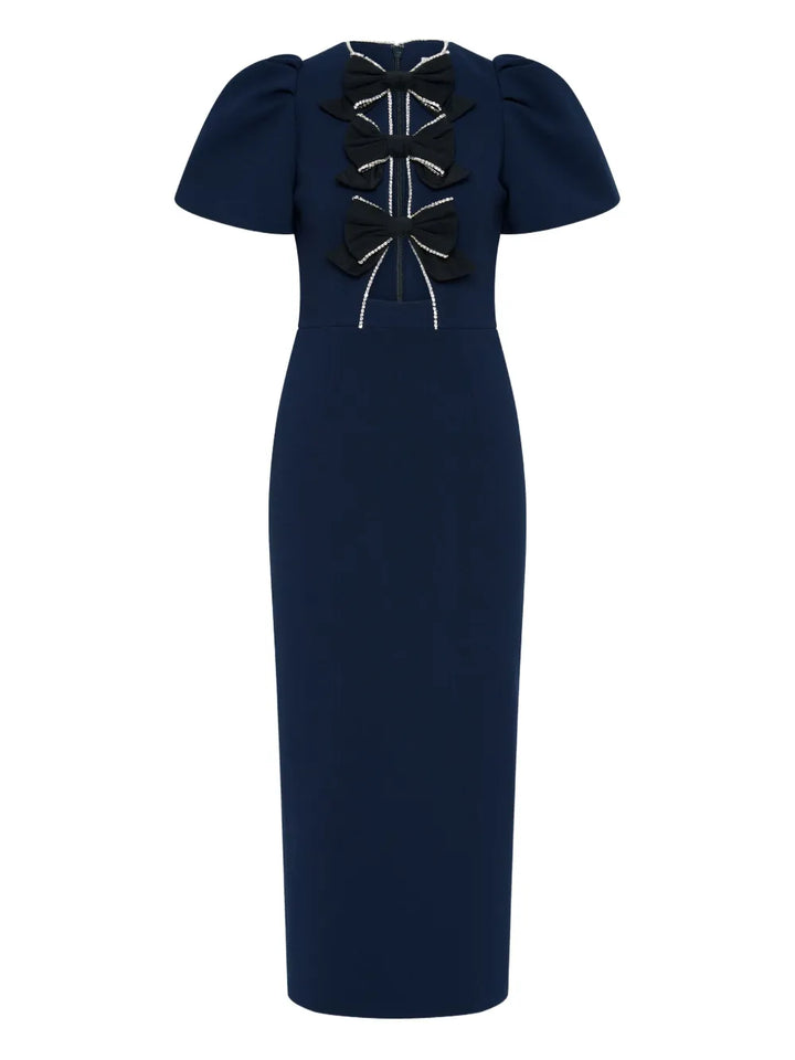 Rebecca Vallance Nemy Bow Midi Dress — Blue/ Navy — Size M — Front View