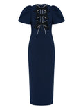 Rebecca Vallance Nemy Bow Midi Dress — Blue/ Navy — Size M — Front View