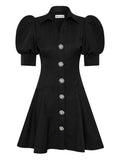 Rebecca Vallance Narcissa Button Puff Sleeve Mini Dress — Black/ Red — Size XS — Front View