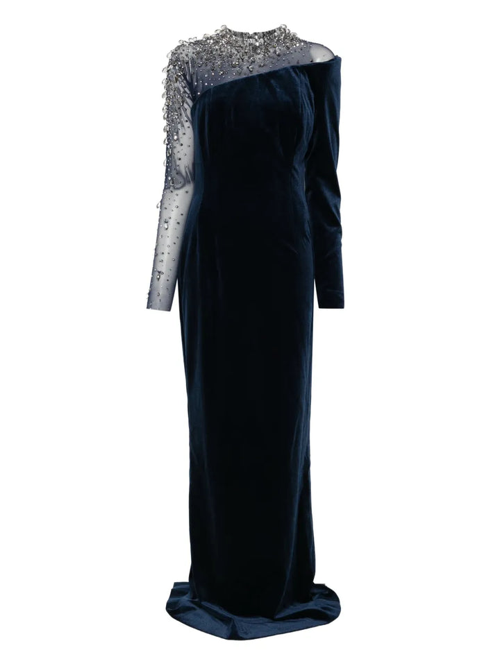 Jean Louis Sabaji Crystal Embellished Asymmetric Gown — Blue — Size XS — Front View