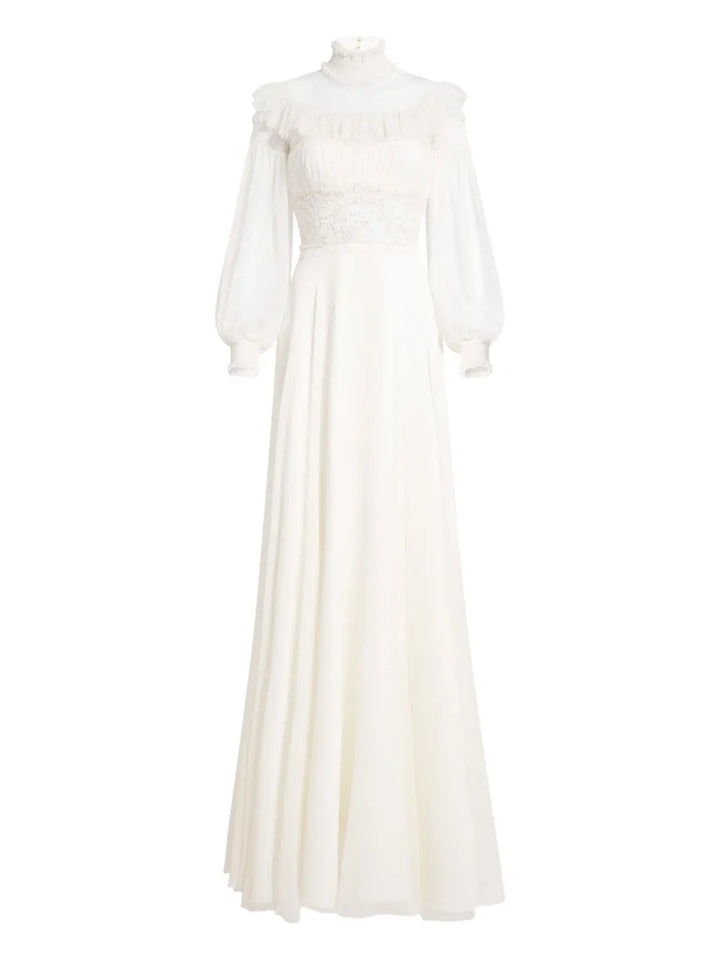 Jenny Packham Arden Ruffled Maxi Dress — White — Size XS — Front View
