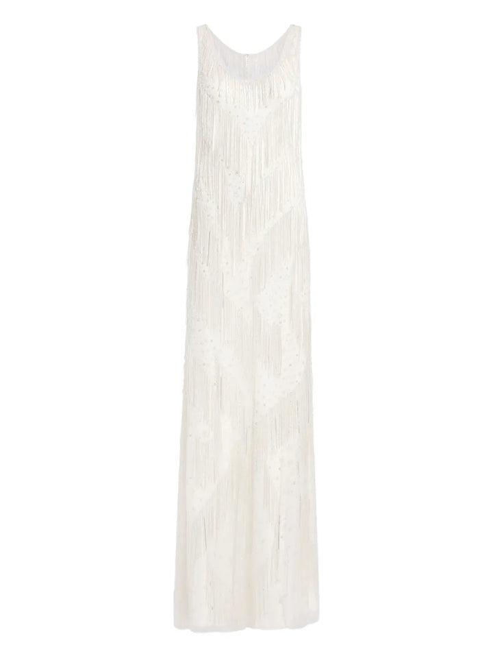 Jenny Packham Symphonie Fringed Maxi Dress — Ivory — Size XS — Front View