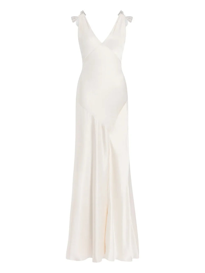Jenny Packham Collette Beaded Bow Detail Maxi Dress — White — Size XS — Front View