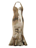 Roberto Cavalli Marble Print Midi Dress — Beige — Size XS — Front View