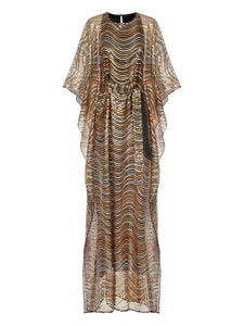 Taller Marmo Erte Wave Pattern Maxi Kaftan — Tan/ Gold — Size XS — Front View