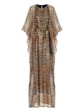 Taller Marmo Erte Wave Pattern Maxi Kaftan — Tan/ Gold — Size XS — Front View