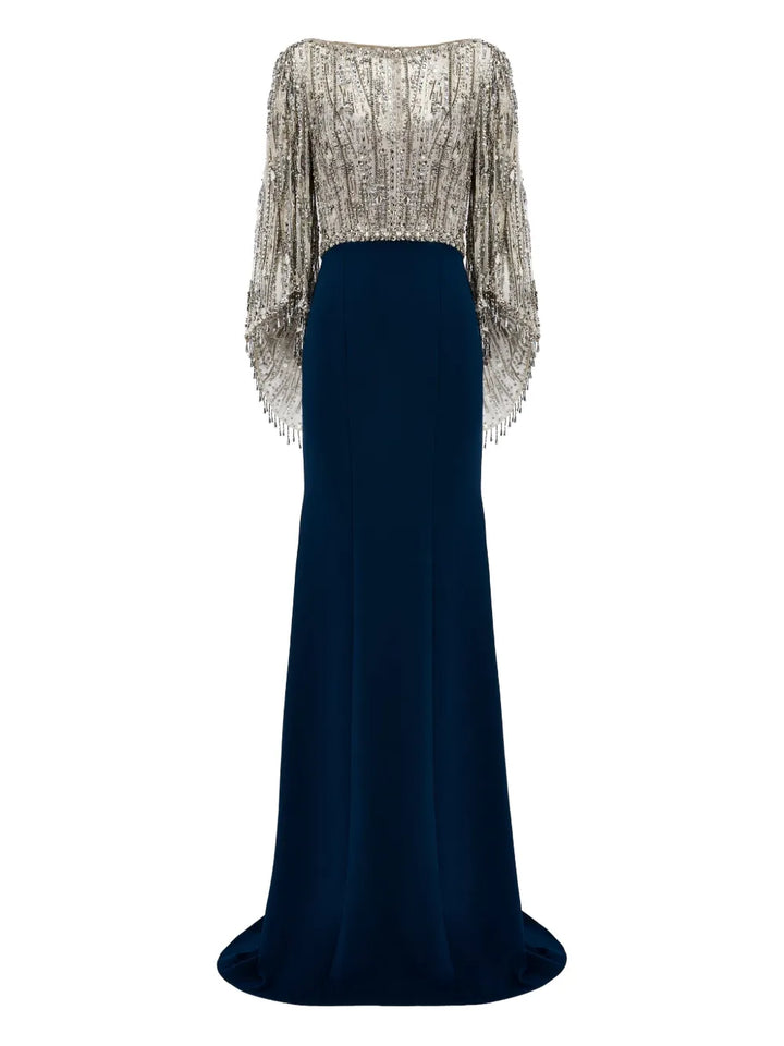 Jenny Packham Wanderlust Sequin Embellished Maxi Dress — Black/ Blue — Size S — Front View