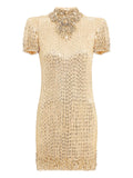 Jenny Packham Kitty Crystal Embellished Turtleneck Mini Dress — Gold — Size XS — Front View