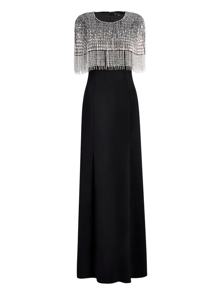 Jenny Packham Sabine Beaded Fringed Maxi Dress — Black — Size M — Front View