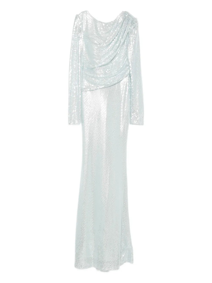 Atu Body Couture Sequin Embellished Drapped Maxi Dress — Blue — Size S — Front View