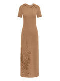 Oscar De La Renta Foxglove Embroidered Dress — Brown/ Red — Size XS — Front View