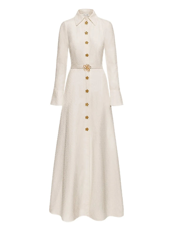 Oscar De La Renta Long Sleeve Maxi Dress — Off White/ White — Size XS — Front View