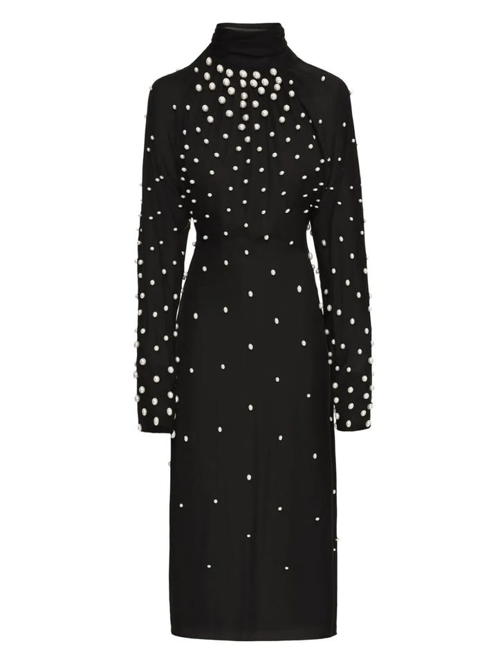Oscar De La Renta Pearl Embellishment Georgette Midi Dress — Black — Size XS — Front View