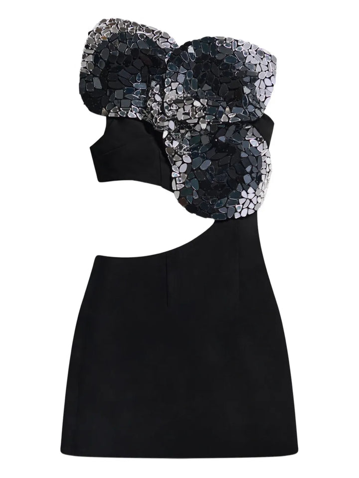 Area Embroidered Cut Out Mini Dress — Black/ Red — Size XS — Front View