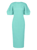 Pleats Please Issey Miyake Pleated Puff Sleeve Dress — Blue — Size M — Front View