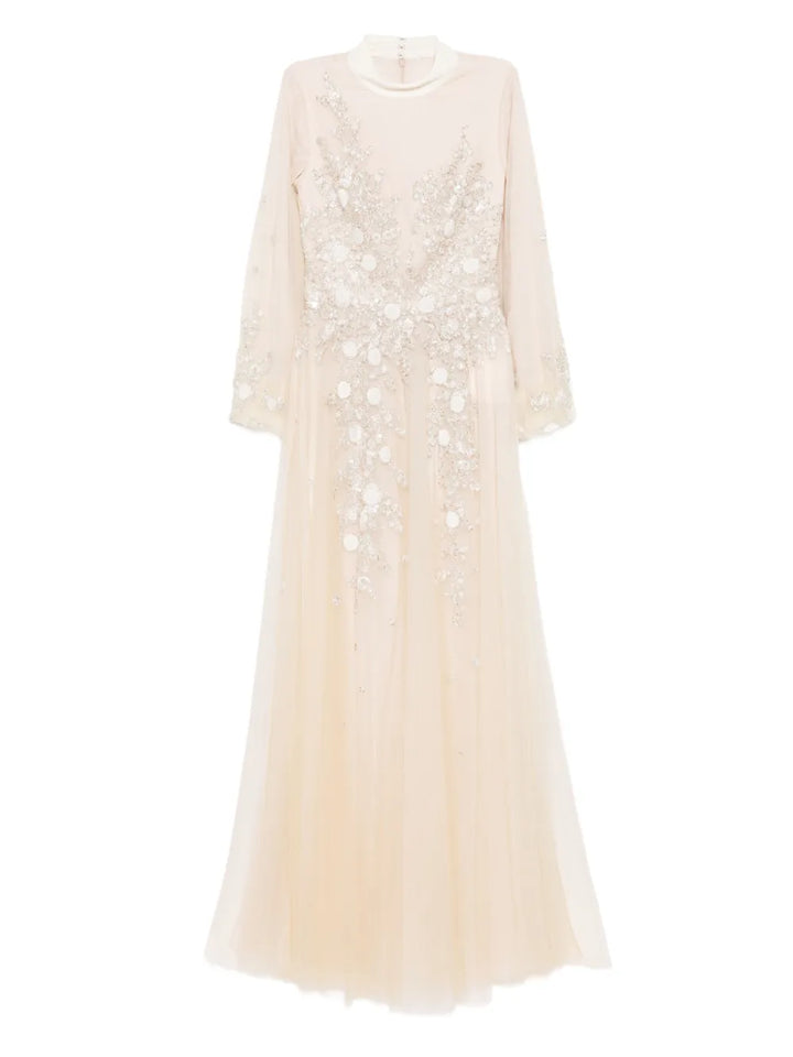 Saiid Kobeisy Embroidered Velvet Gown — Taupe/ Red — Size S — Front View