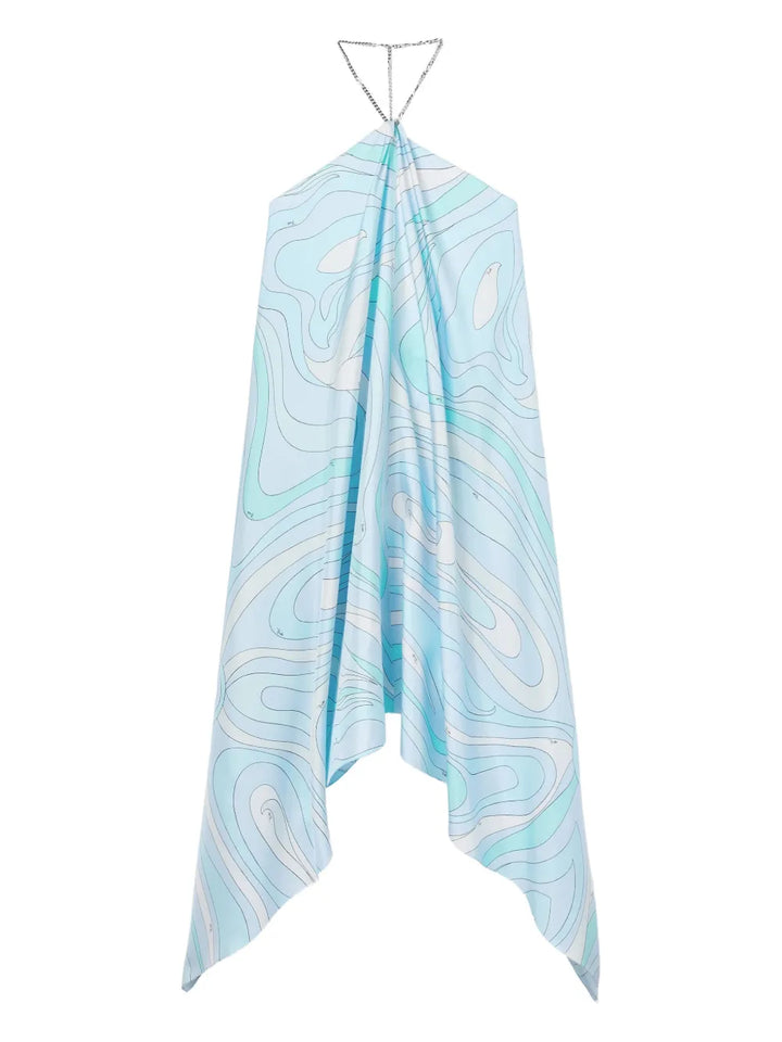 Pucci Marmo Print Silk Midi Dress — Blue — Size XS — Front View