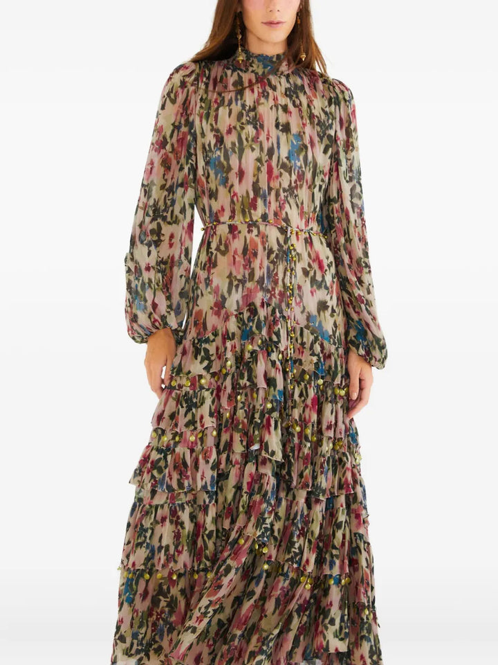 Farm Rio Ruffled Floral Maxi Dress — Green/ Pink — Size XS — Front View