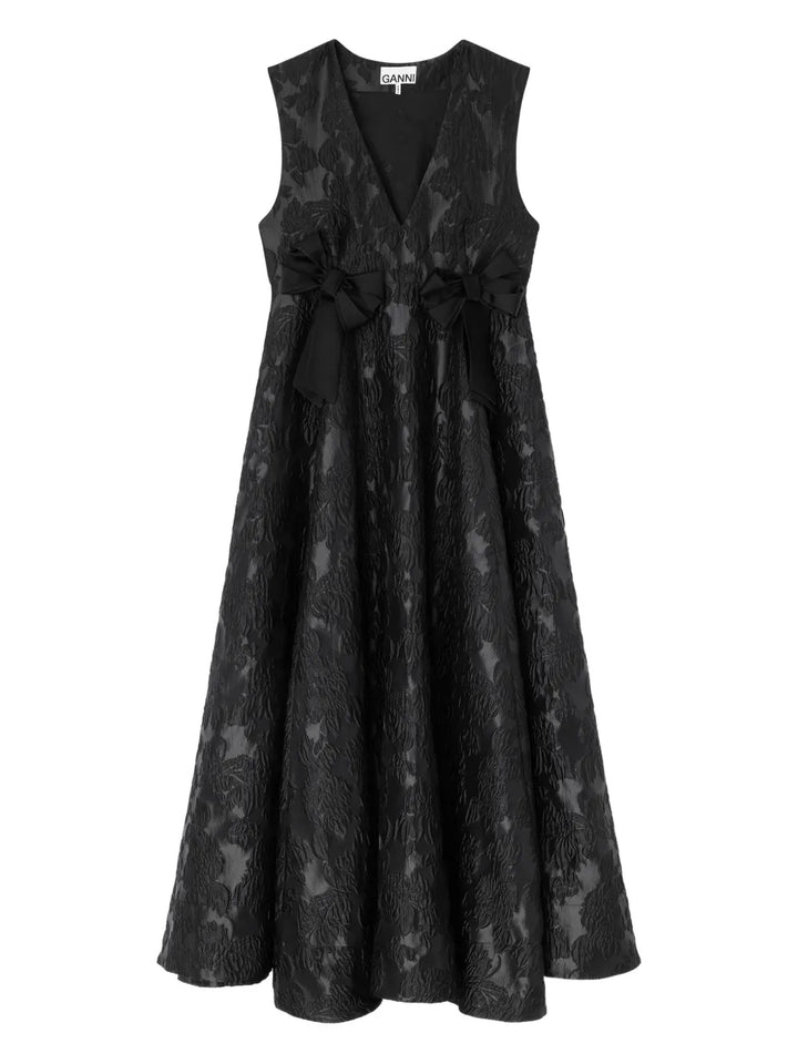 Ganni Floral Bow Midi Dress — Black — Size S — Front View