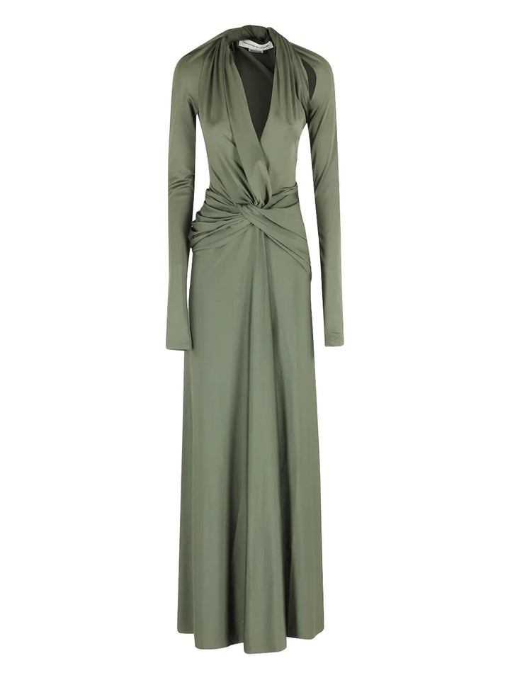 Victoria Beckham Twisted Long Sleeve Gown Dress — Green — Size XS — Front View