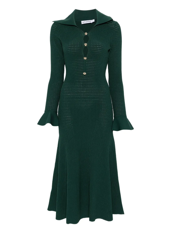 Self Portrait Collared Knitted Midi Dress — Red/ Green — Size XL — Front View