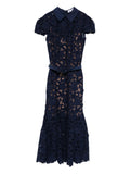 Self Portrait Guipure Lace Midi Dress — Blue — Size XS — Front View