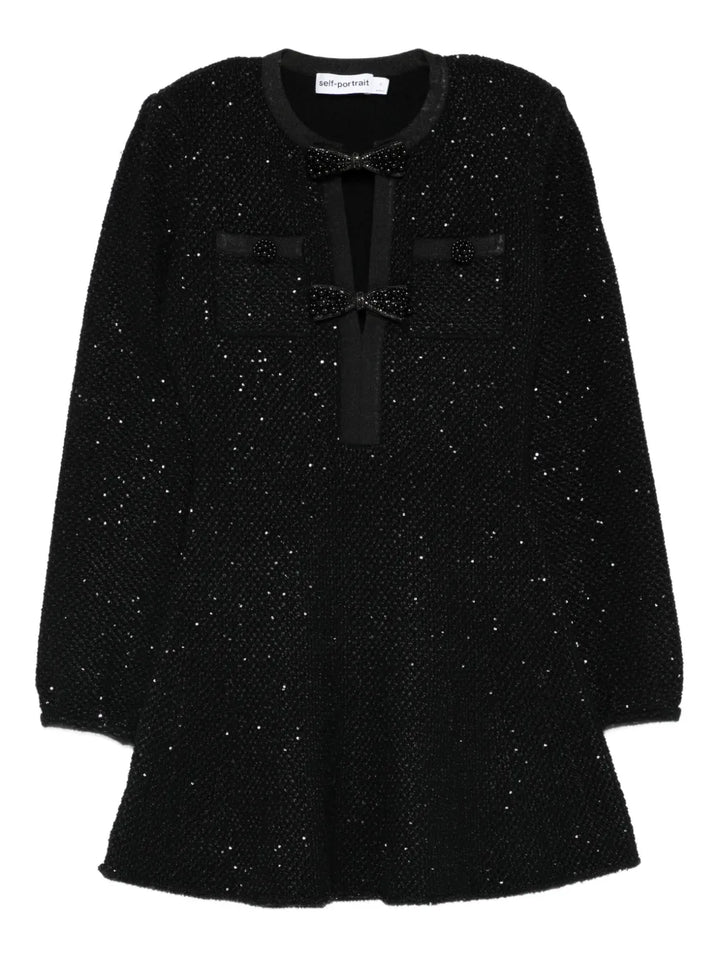 Self Portrait Sequin Bow Mini Dress — Black — Size XS — Front View
