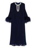 Self Portrait Feather Cuff Pleated Maxi Dress — Blue/ Navy — Size XS — Front View