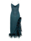 Oseree Lumiere Plumage Cowl Neck Asymmetric Dress — Blue — Size XS — Front View