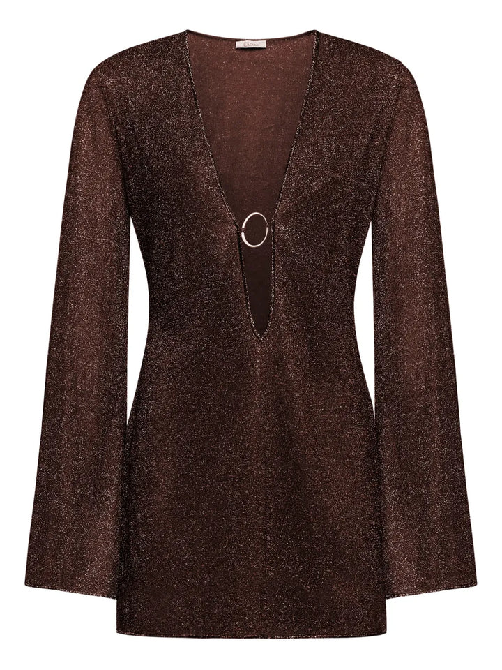 Oseree Lumiere V Neck Mini Dress — Brown — Size M — Front View