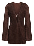 Oseree Lumiere V Neck Mini Dress — Brown — Size M — Front View