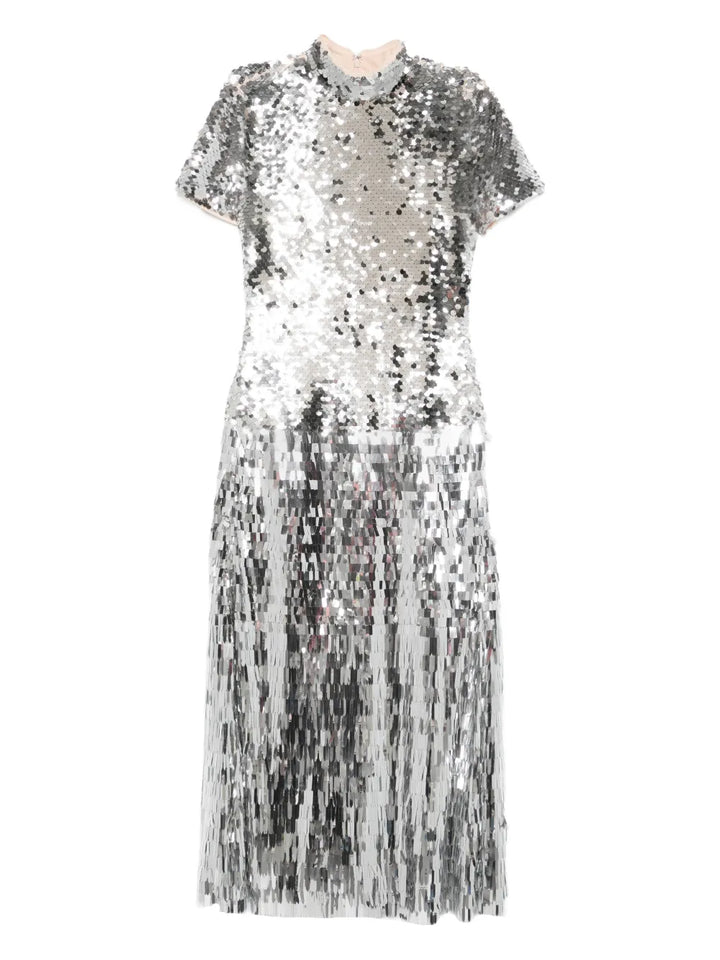 Self Portrait Sequin Midi Dress — Silver — Size XS — Front View