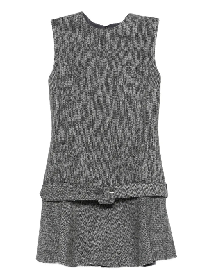 Self Portrait Herringbone Buckled Mini Dress — Grey/ Red — Size XS — Front View