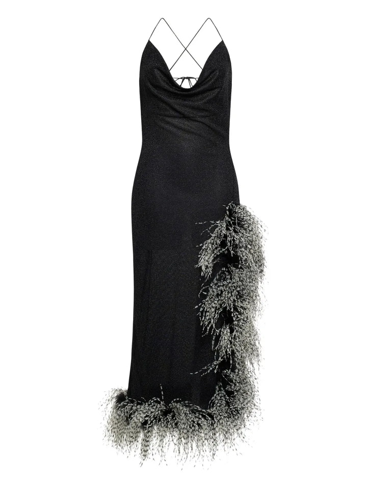 Oseree Lumiere Plumage Asymmetric Dress — Black — Size S — Front View