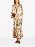 Farm Rio V Neck Floralprint Midi Dress — Beige/ Red — Size XS — Front View