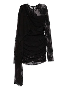 The Andamane Xenia Lace Draped Mini Dress — Black/ Red — Size M — Front View