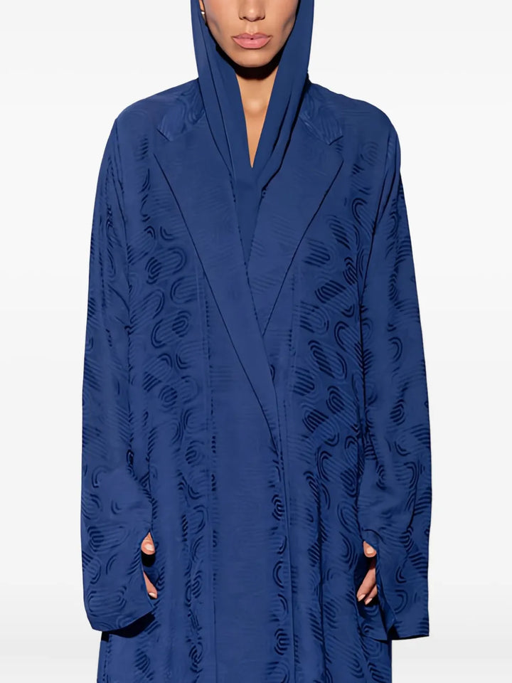Harlienz Shawl Collar Patterned Maxi Dress — Blue/ Navy — Size XS — Front View