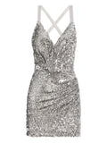 Dolce Gabbana Sequin Crossover Dress — Silver — Size XS — Front View