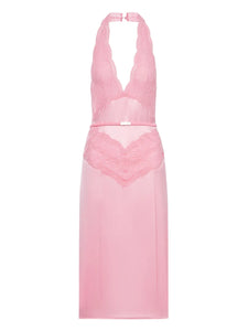 Gucci Lace Panel Satin Halterneck Dress — Pink — Size M — Front View
