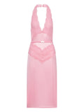 Gucci Lace Panel Satin Halterneck Dress — Pink — Size M — Front View