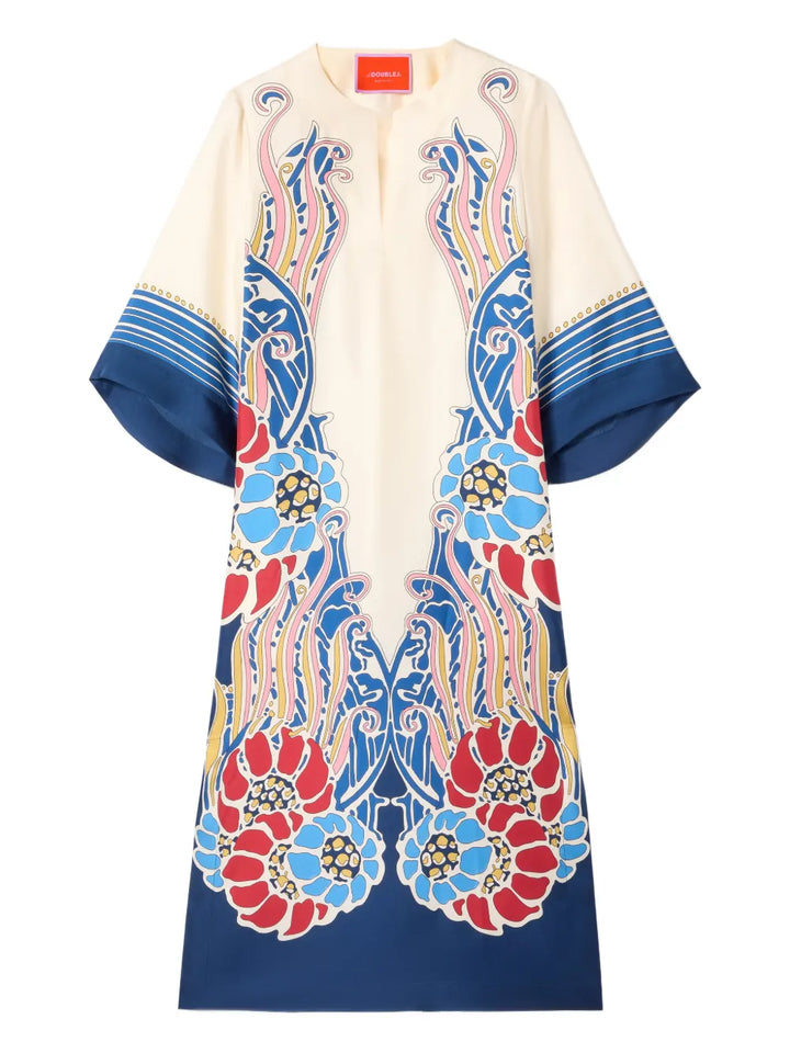La Doublej The Kaftan Floral Midi Dress — Tan — Size S — Front View