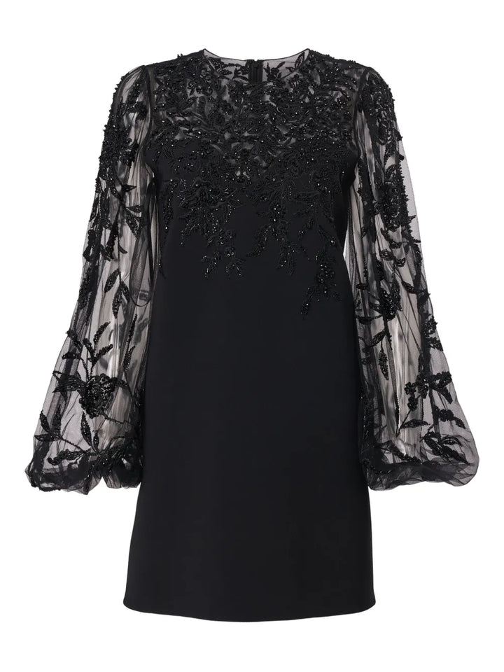 Carolina Herrera Embroidered Fuff Sleeve Mini Dress — Black/ Red — Size M — Front View