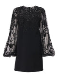 Carolina Herrera Embroidered Fuff Sleeve Mini Dress — Black/ Red — Size M — Front View