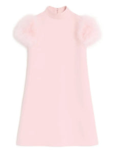 Valentino Garavani Crepe Couture Feathers Detail Mini Dress — Pink — Size XS — Front View